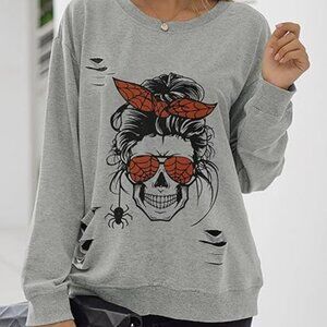 NWT! Blooming Jelly Women's Halloween Skull Graphic Distressed Long Sleeve, XXL